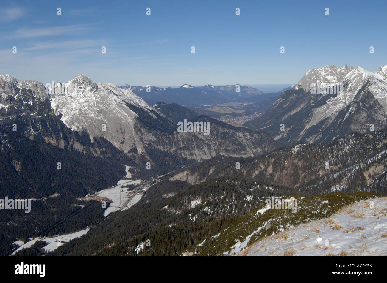Snowy mountain scene in the Austrian Tyrol in February looking towards the valley Stock Photo