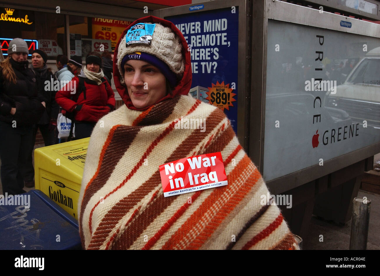 Protester wearing a No War On Iraq sticker at massive New York City Protest Stock Photo