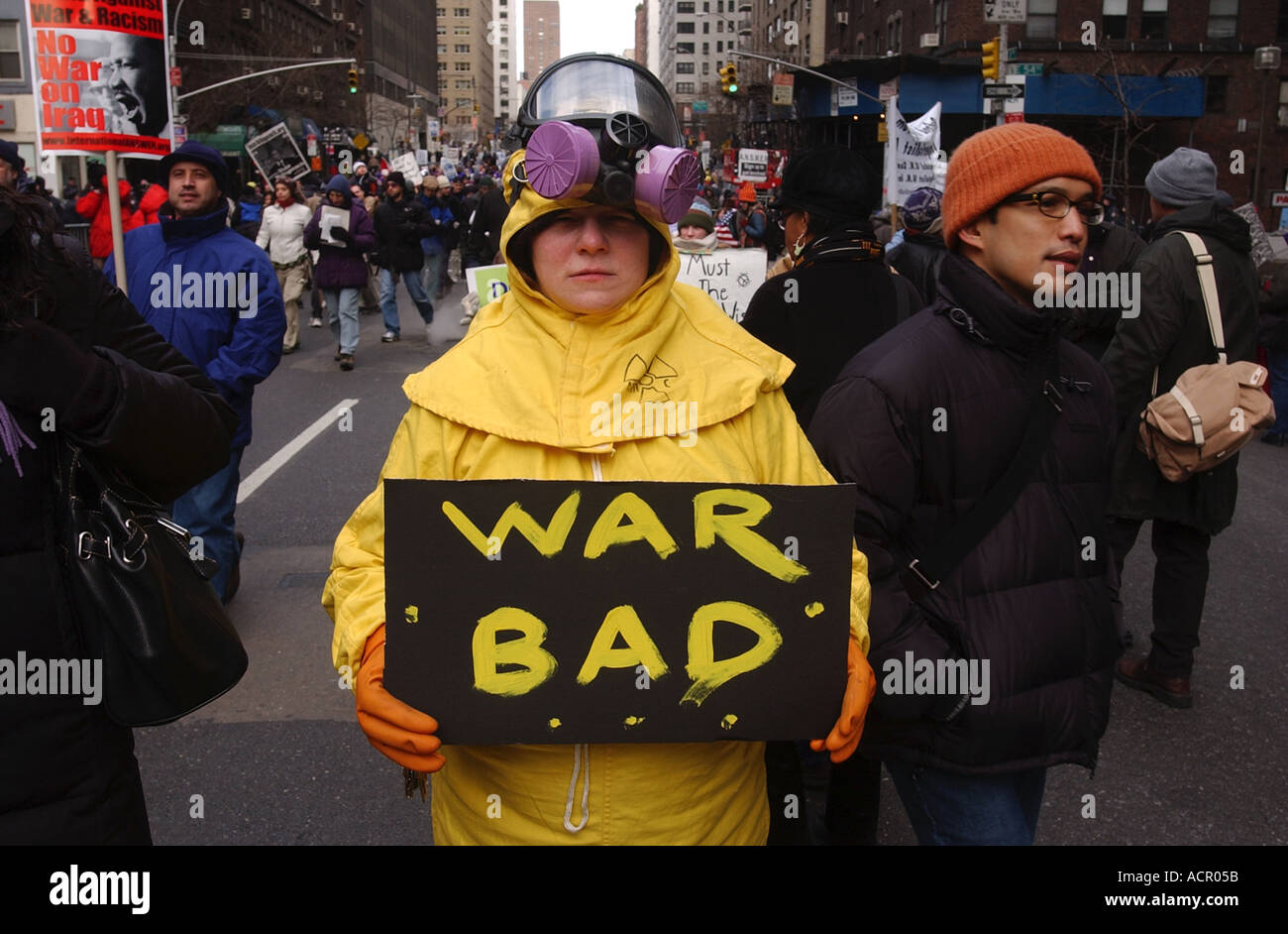 Protester sign WAR BAD during NYC War protest protesting United States and Iraq war in New York city massive protest Stock Photo