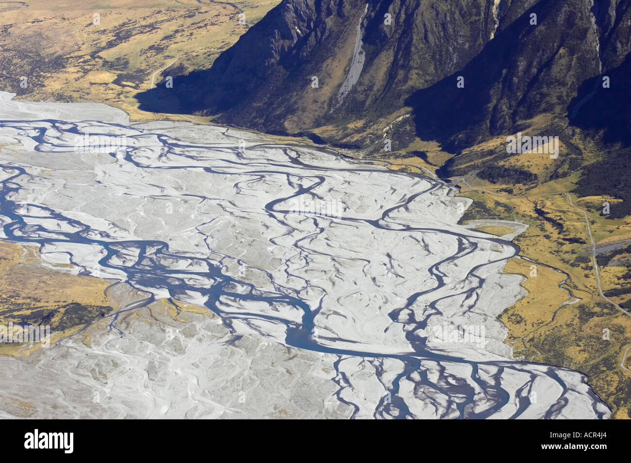 Hopkins River and Ram Hill near Lake Ohau South Island New Zealand aerial Stock Photo