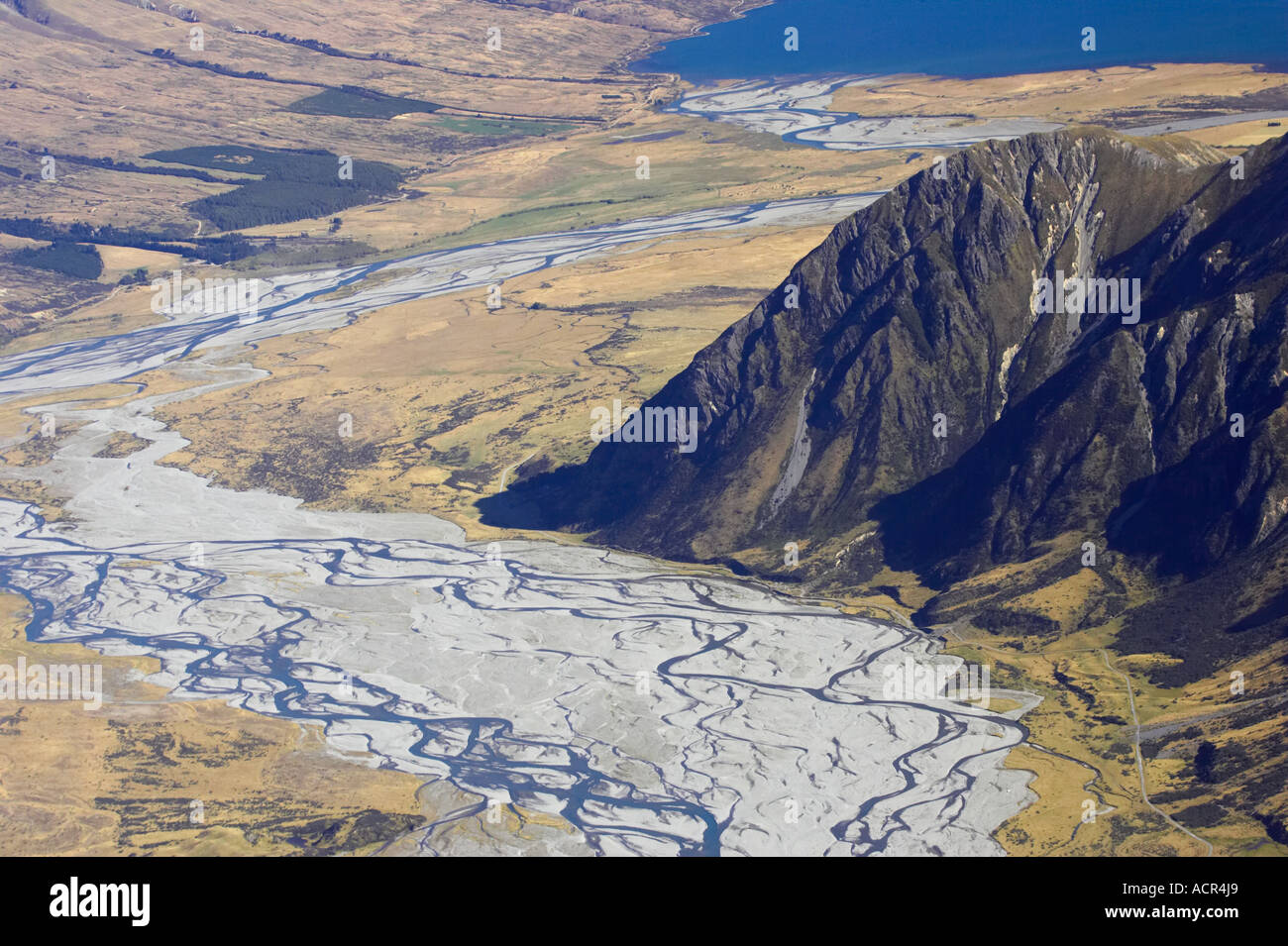 Hopkins River and Ram Hill near Lake Ohau South Island New Zealand aerial Stock Photo