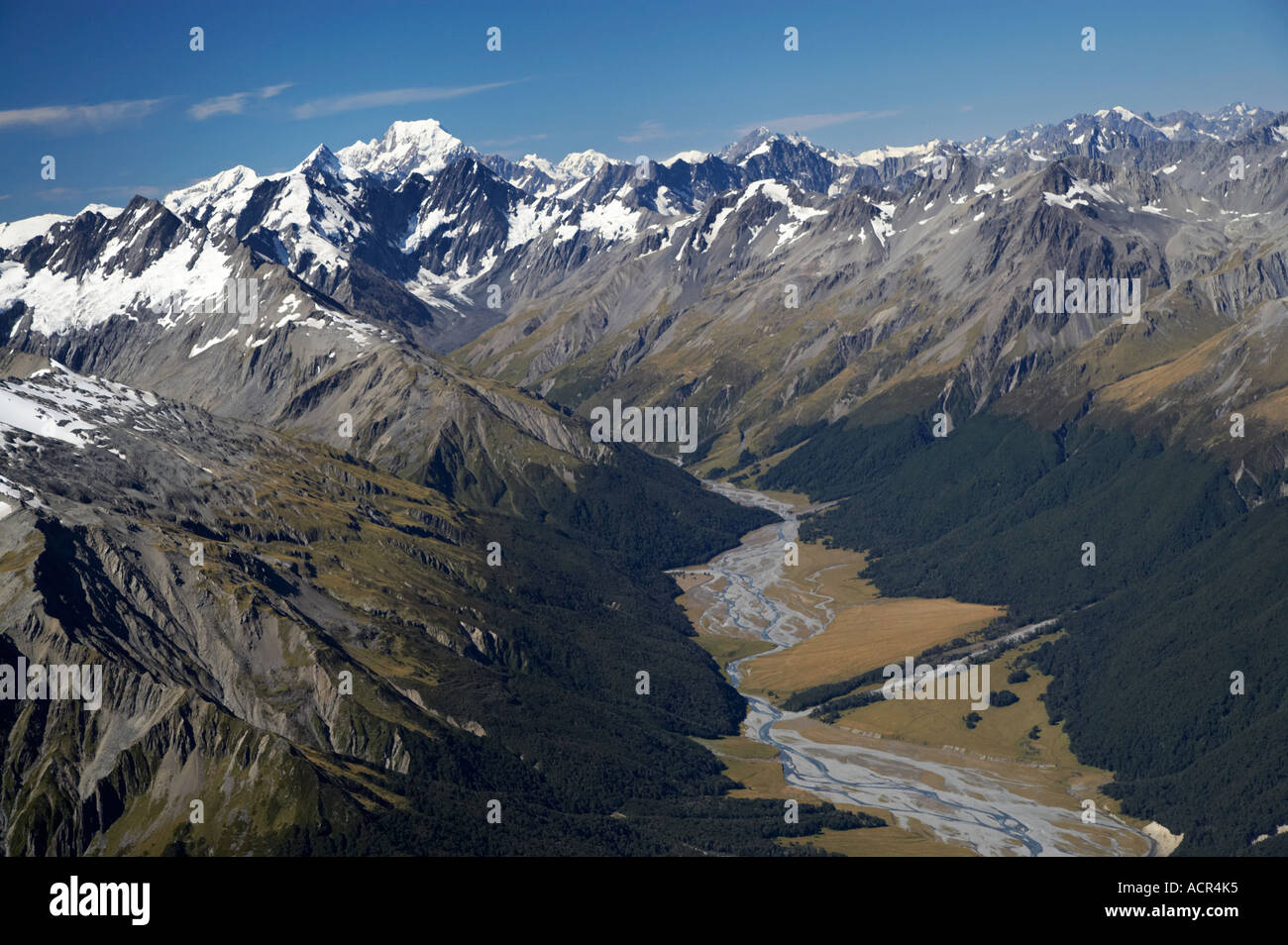 Hopkins River and Aoraki Mt Cook South Island New Zealand aerial Stock Photo