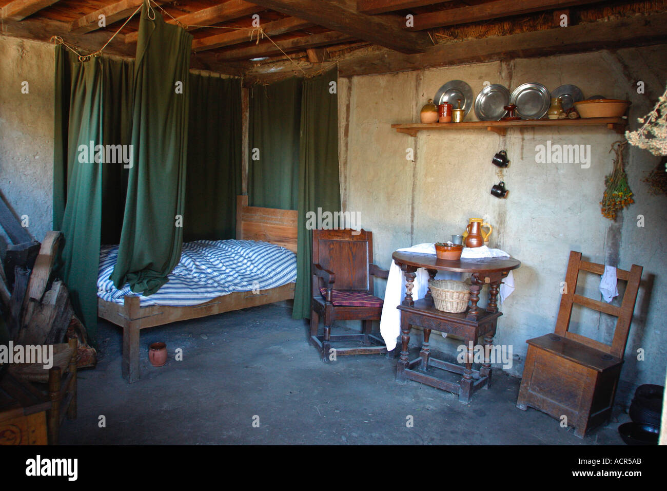 Interior of Home Plimouth Plantation Pilgrim Settlement Plymouth Massachusetts Stock Photo