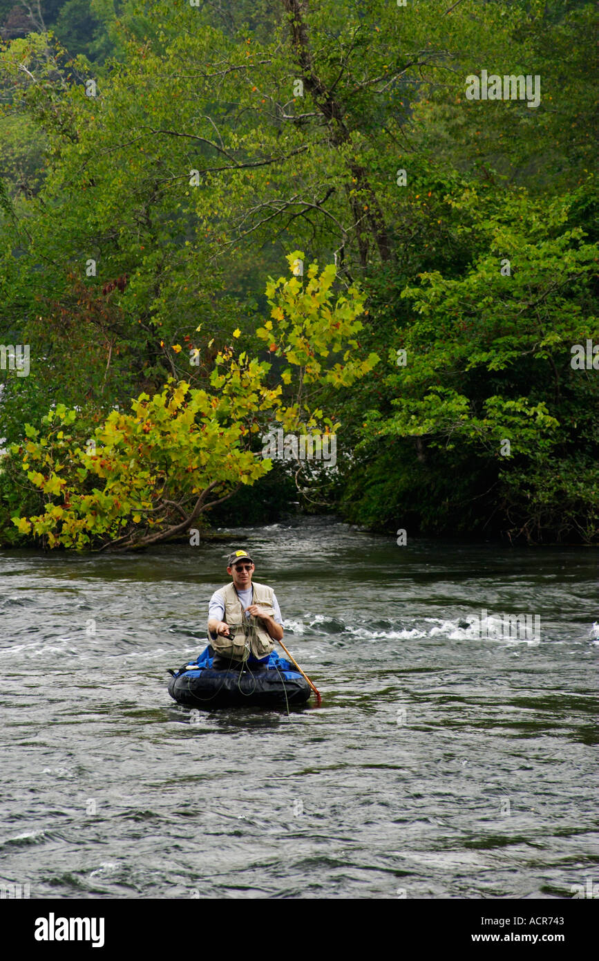 Fly Fisherman in float tube trout fishing the Hiwassee River Tennessee  Stock Photo - Alamy