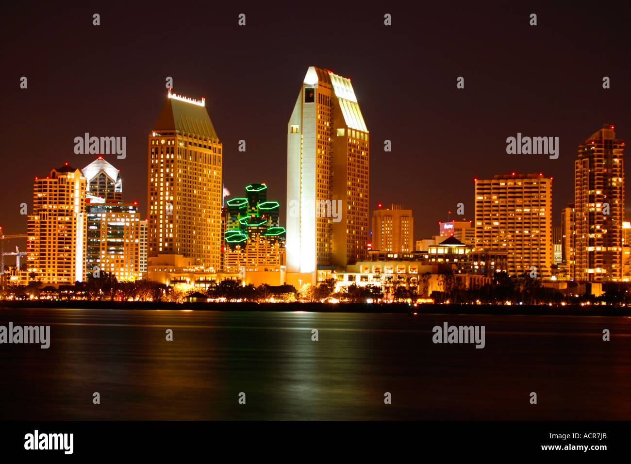 Downtown San Diego skyline at night from Coronado Island California Stock Photo