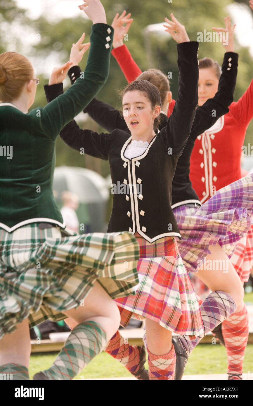 Traditional Scottish dancing young girls Highland Dancing at Langholm Common Riding at Langholm Eskdale Scotland UK Stock Photo