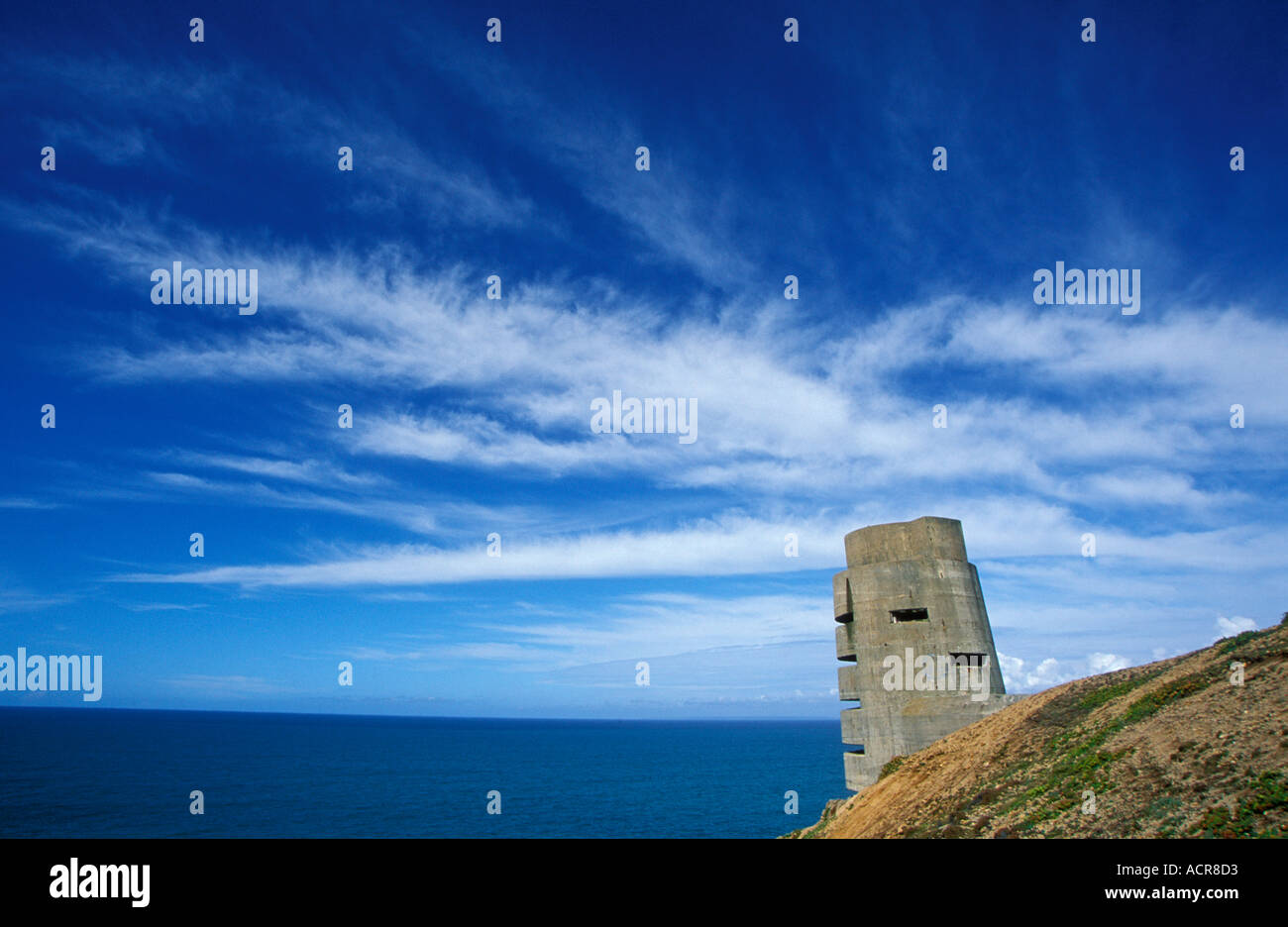 World war 2 sea coastal defence tower near grosnez point St Ouens Jersey Channel Islands Stock Photo