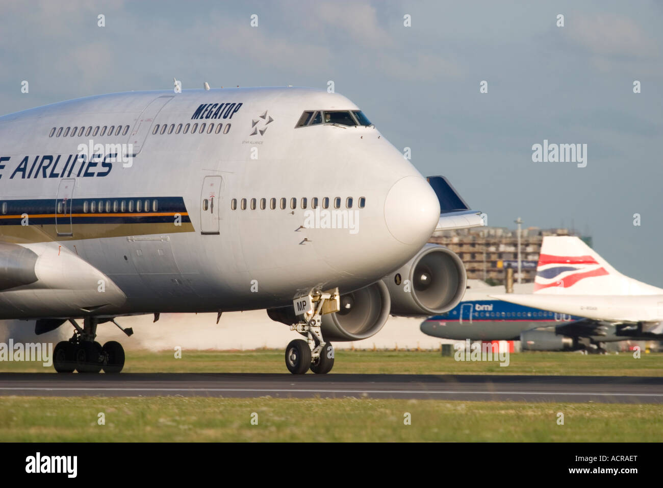 Close-up of Singapore Airlines Boeing 747-412 at London Heathrow Airport England UK Stock Photo