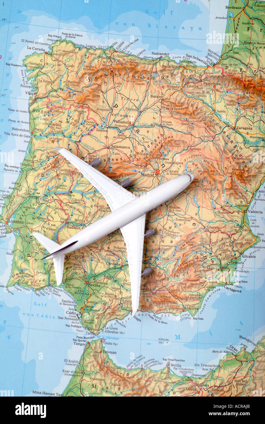 airplane on a map of spain Flugzeug auf einer Karte von Spanien Stock Photo