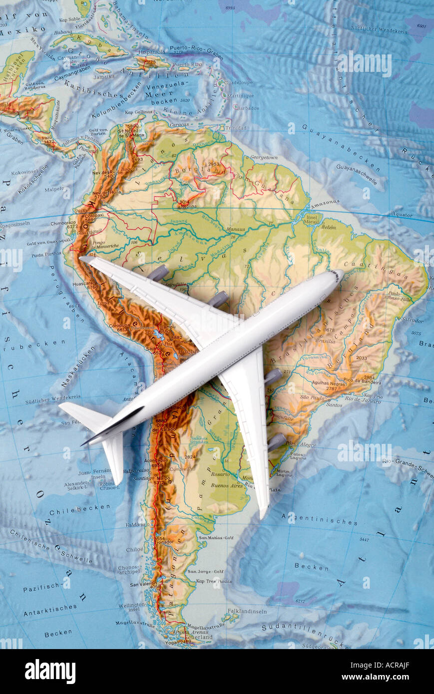 airplane on a map of south america Flugzeug auf einer Karte von Südamerika Stock Photo