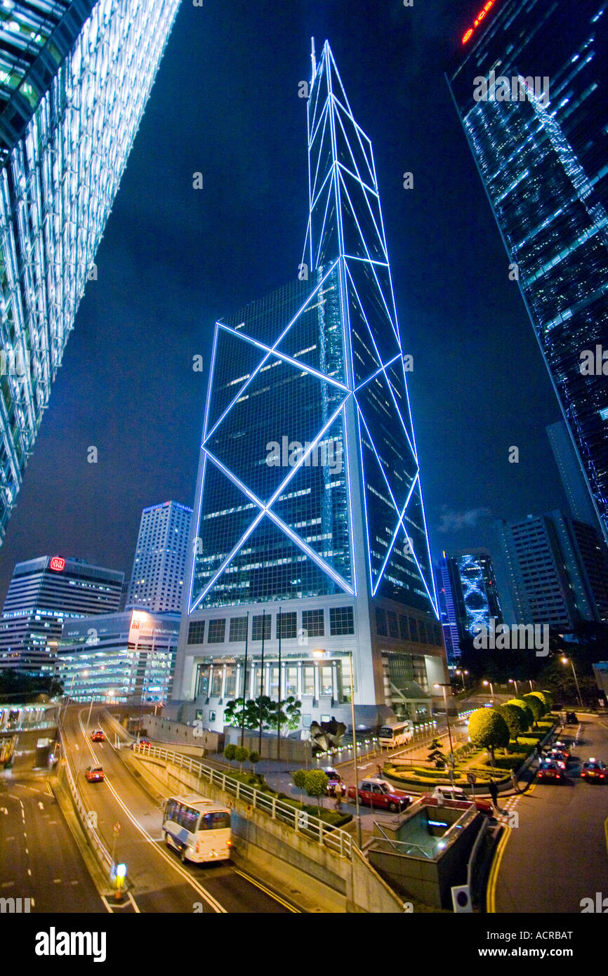 Bank of China Building at Night Hong Kong Stock Photo