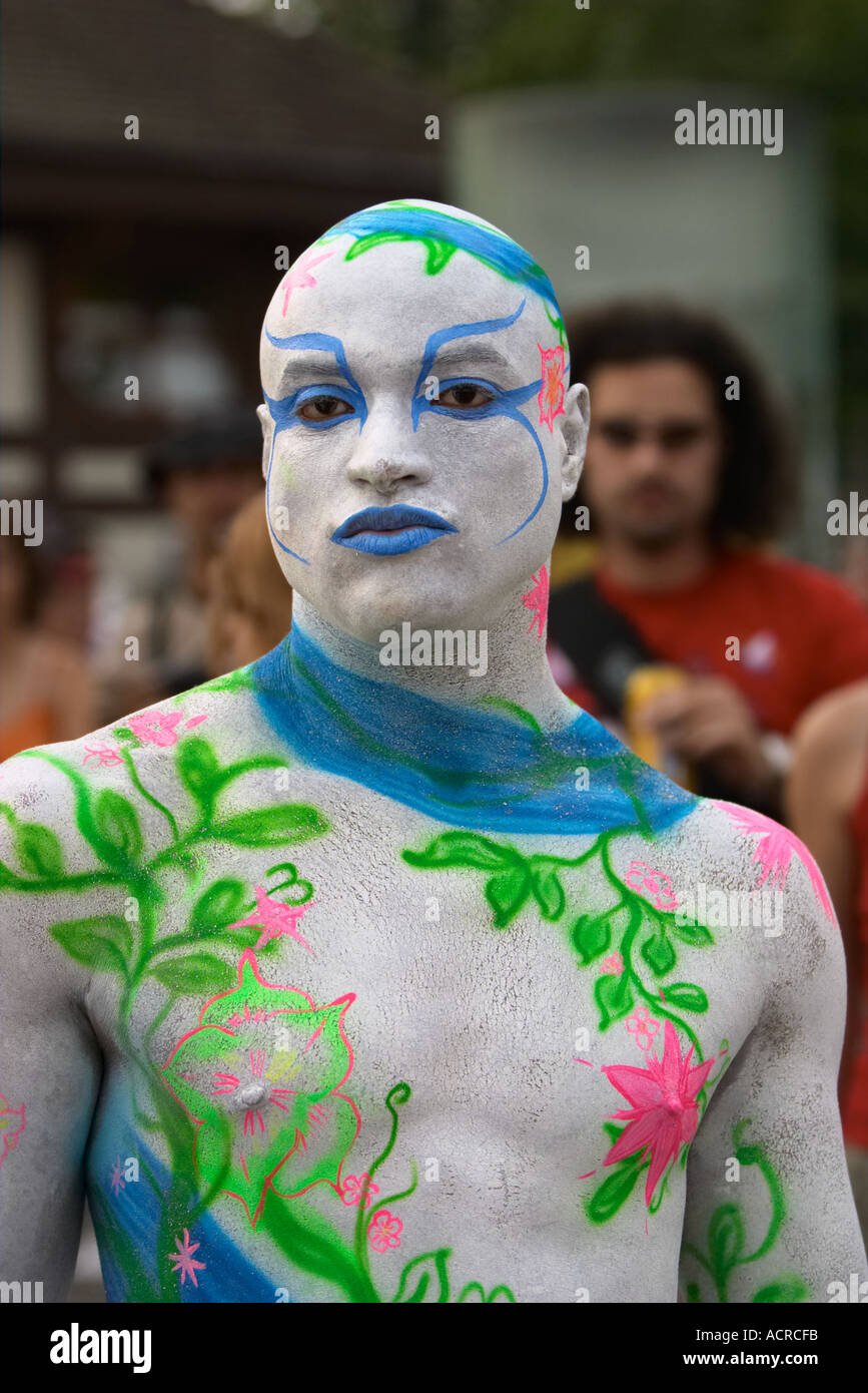 Intricately bodypainted man attending the Street Parade in Zurich Switzerland Stock Photo