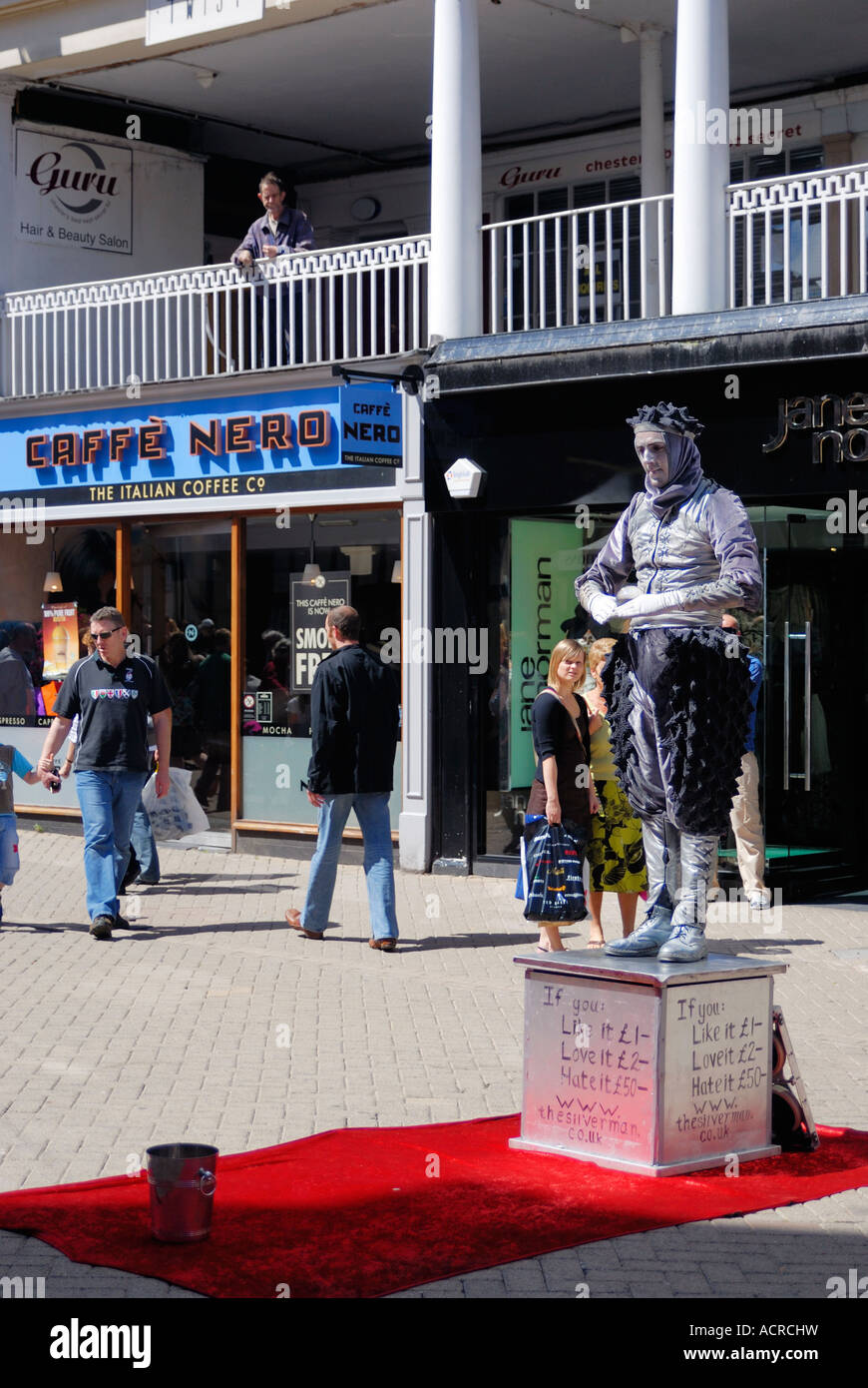 Chester busker. Performance artist called The Silverman Stock Photo Alamy