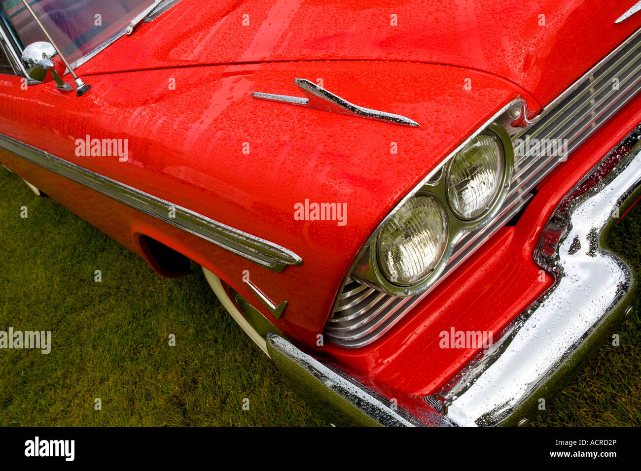 Red 1959 Plymouth Sports Fury front wing and grill at Goodwood Festival of Speed, Sussex, UK. Stock Photo