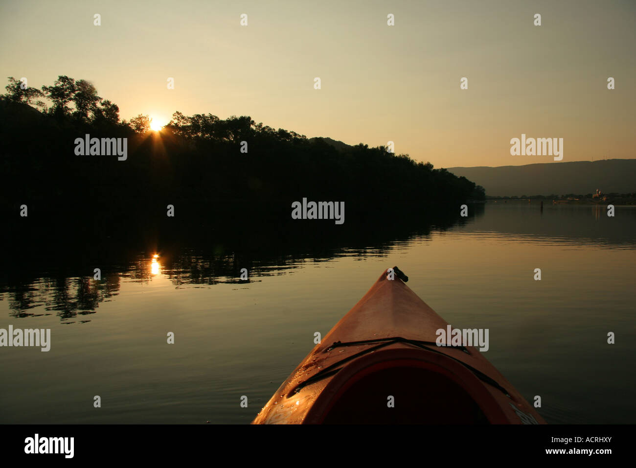 Kayaking on the Susquehanna River in Pennsylvania at sunrise. Summer months Stock Photo