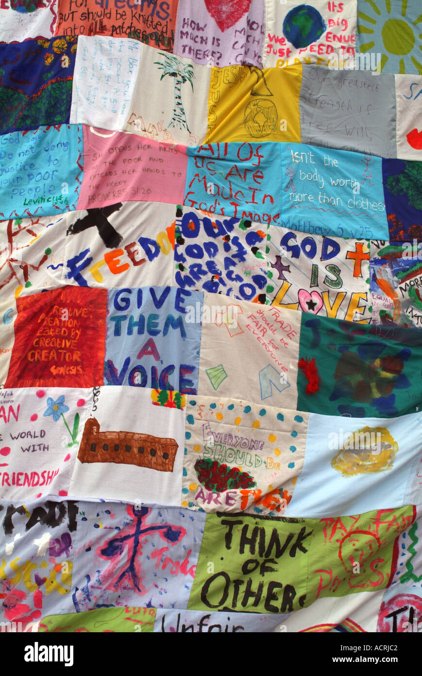 Part of the patchwork that made up the Speak Cafe tent at the MAKE POVERTY HISTORY rally on the Meadows, Edinburgh, Scotland, UK Stock Photo