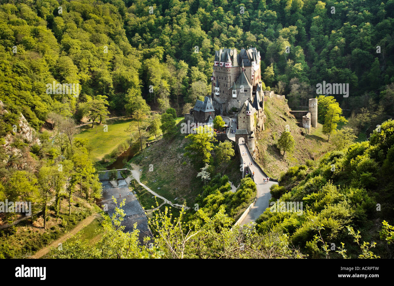 Burg Eltz castle and the Elzbach river Germany Europe Stock Photo