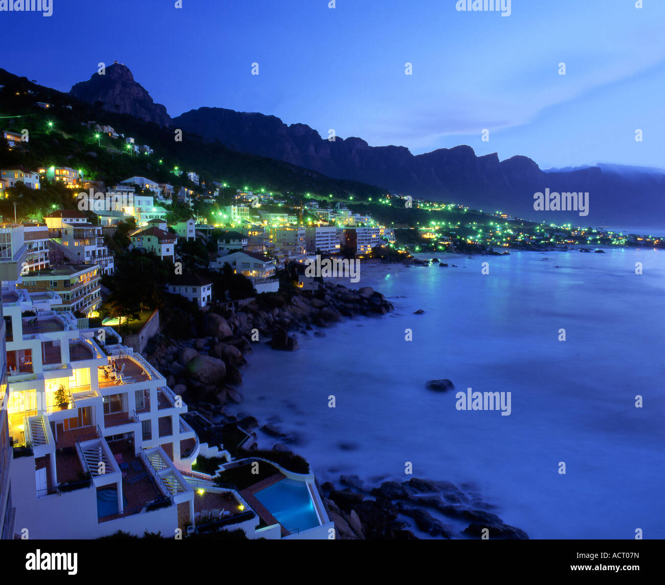 The Cape Town suburb of Clifton and Bantry Bay with Table mountain and the twelve Apostles at night Cape Town Stock Photo