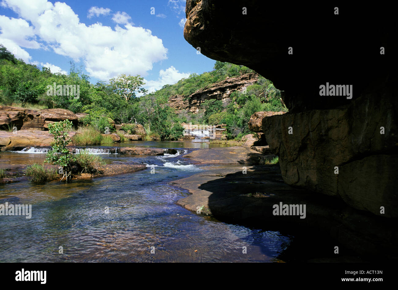 Goud River waterfall cliffs and sedimentary rock layers in the