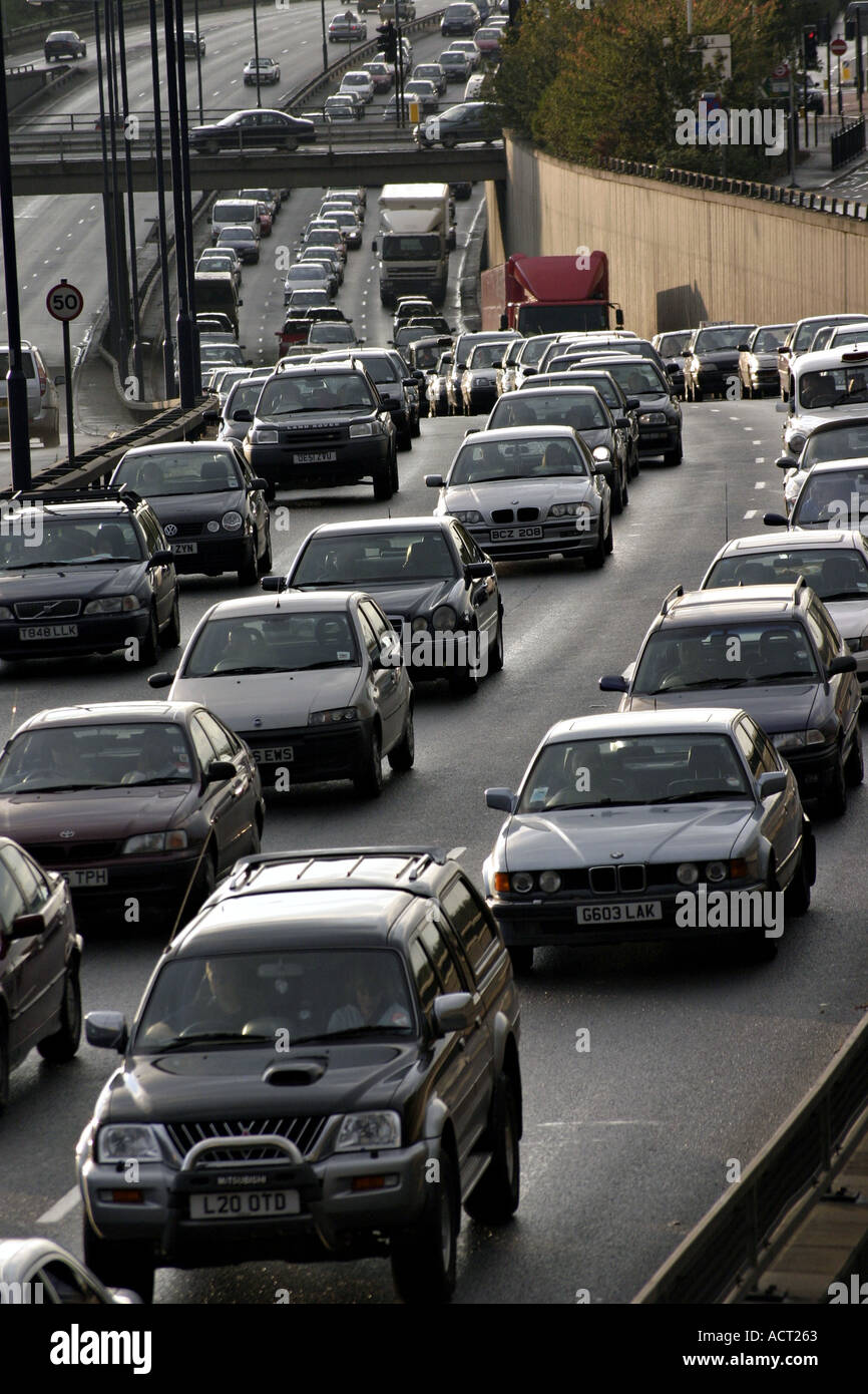 congested congestion motorway carriageway highway traffic jam gridlock delay rush hour accident road car vehicle transport trans Stock Photo