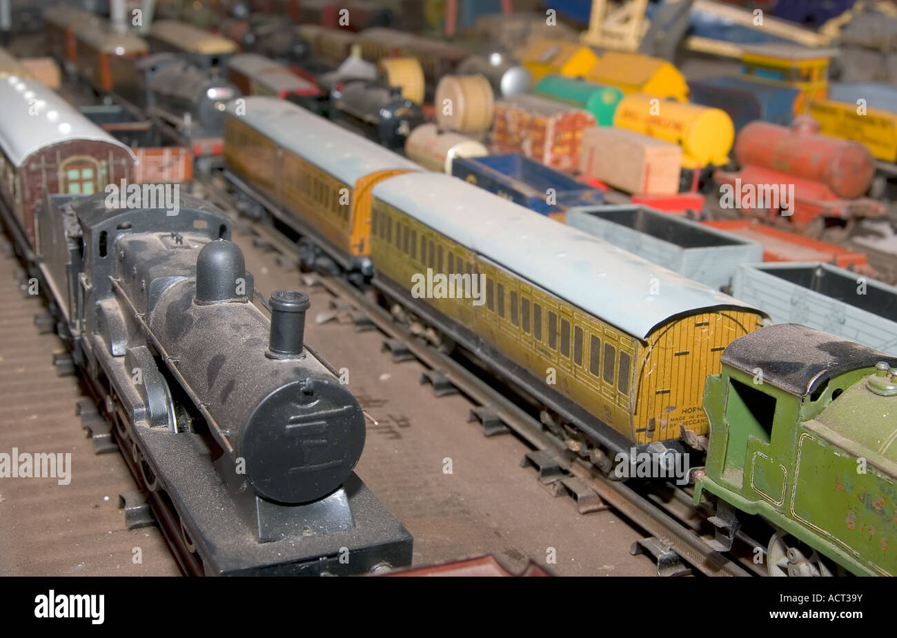 model train set with engine and carriages in rows Stock Photo Alamy