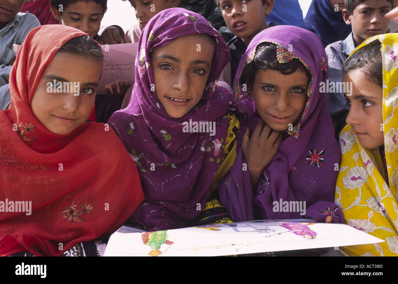 Young Balochi girls wearing traditional embroidered dress from Awaran southern Balochistan in Pakistan Stock Photo