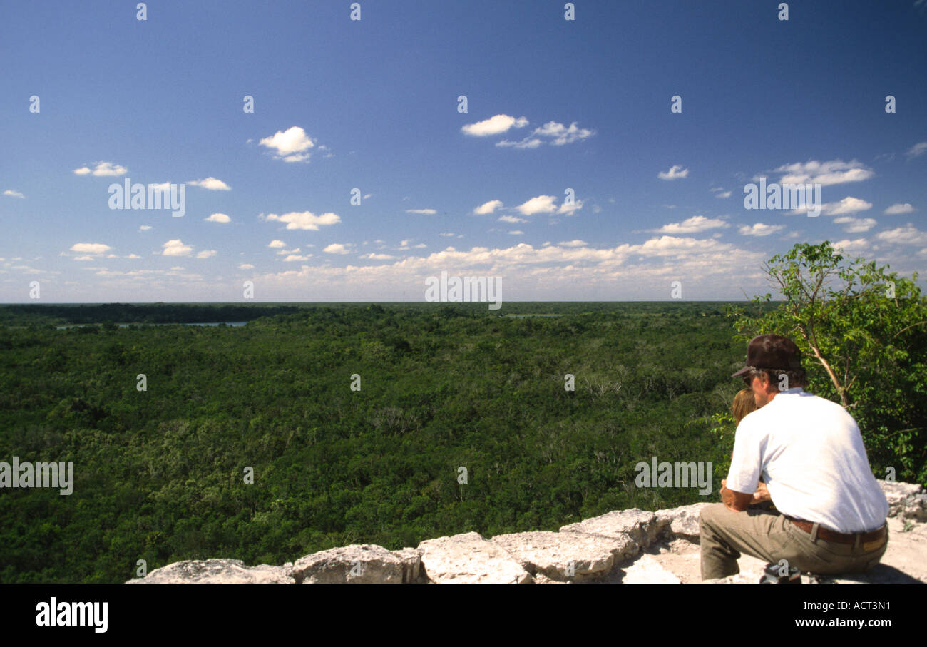 View from the top of Nohoch Mul pyramid in Coba Mexico Central America Stock Photo
