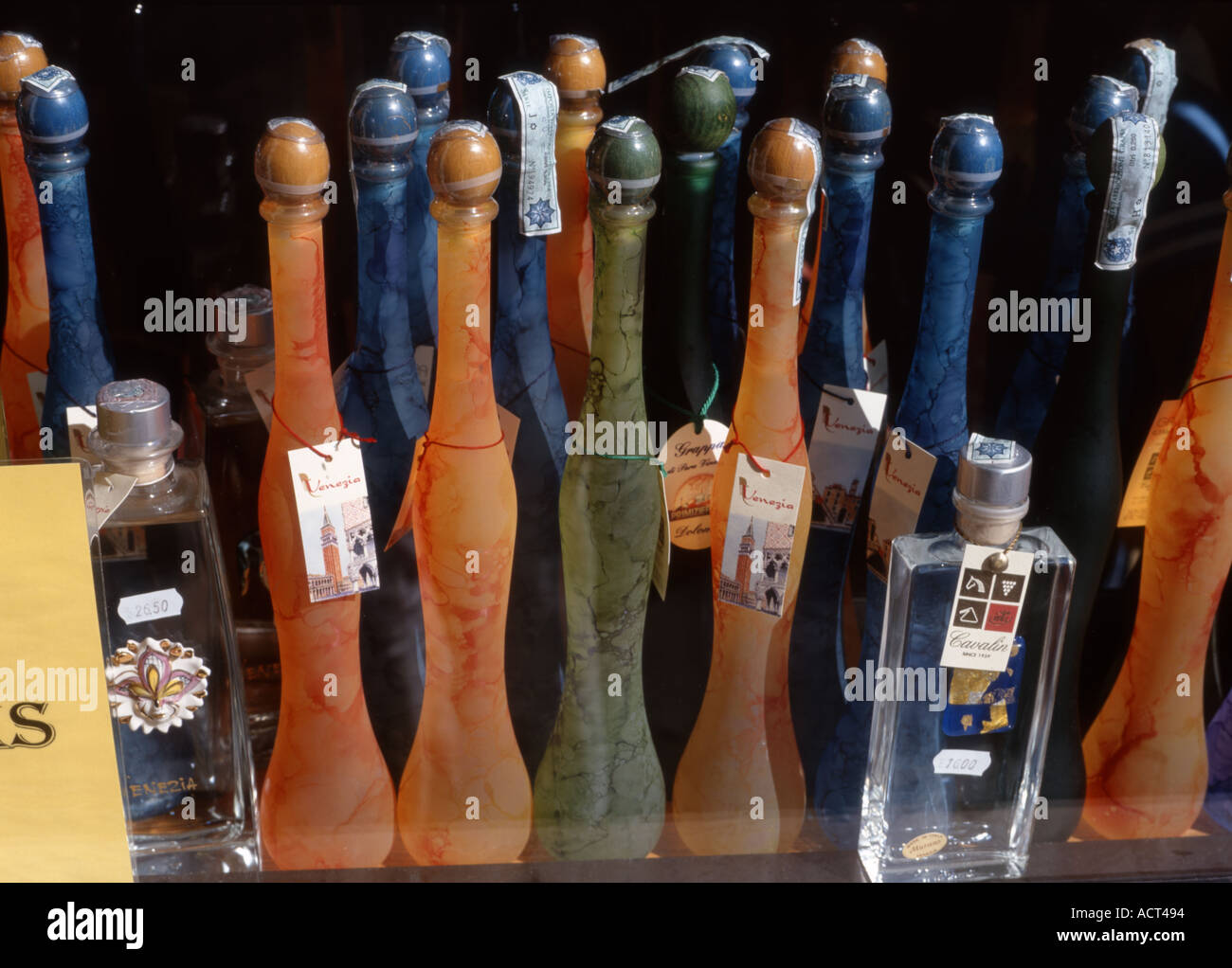 Venice, Veneto, Italy. Locally made alcohol in souvenir bottles near St Mark's Square Stock Photo