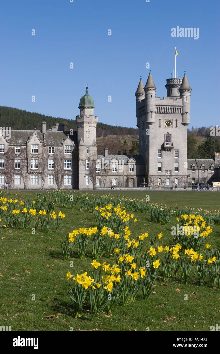 Balmoral Scottish Royal Scots baronial revival style castle and grounds in Spring;  Royal residences Crathie, Deeside Aberdeenshire, Scotland, UK Stock Photo