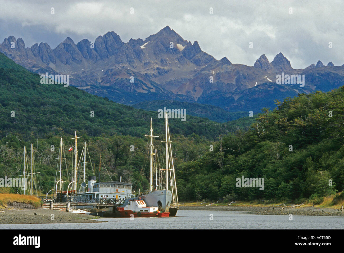 Puerto Williams and the Dientes Mountain Range, Isla Navarino, Tierra del Fuego, Chile Stock