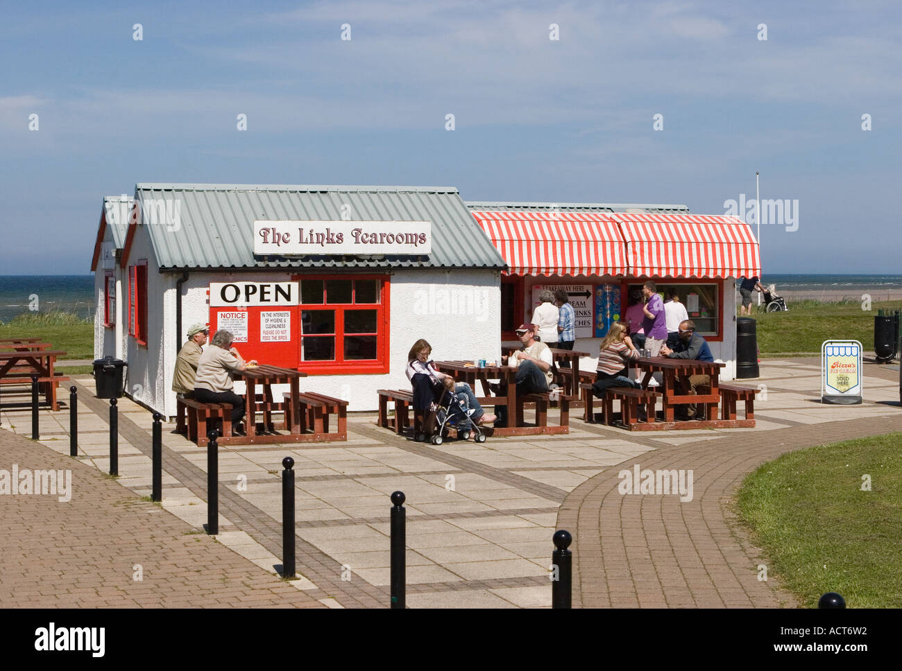 June in Nairn; People at Seaside Beachfront village Cafe; The Links