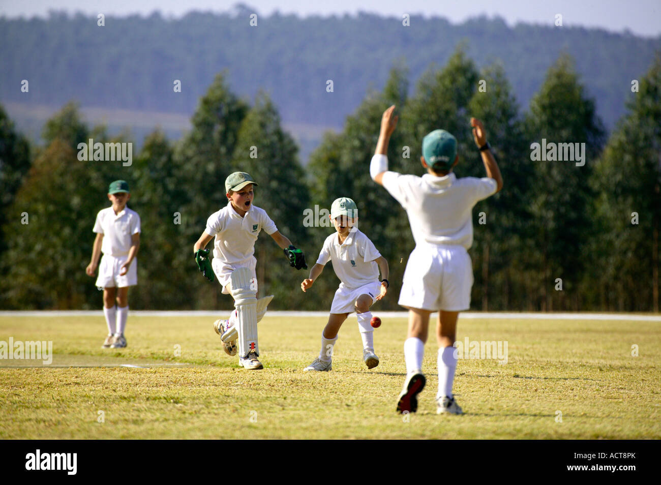 Primary school children lament over a dropped catch during a cricket match in the Lowveld Nelspruit Mpumalanga South Africa Stock Photo