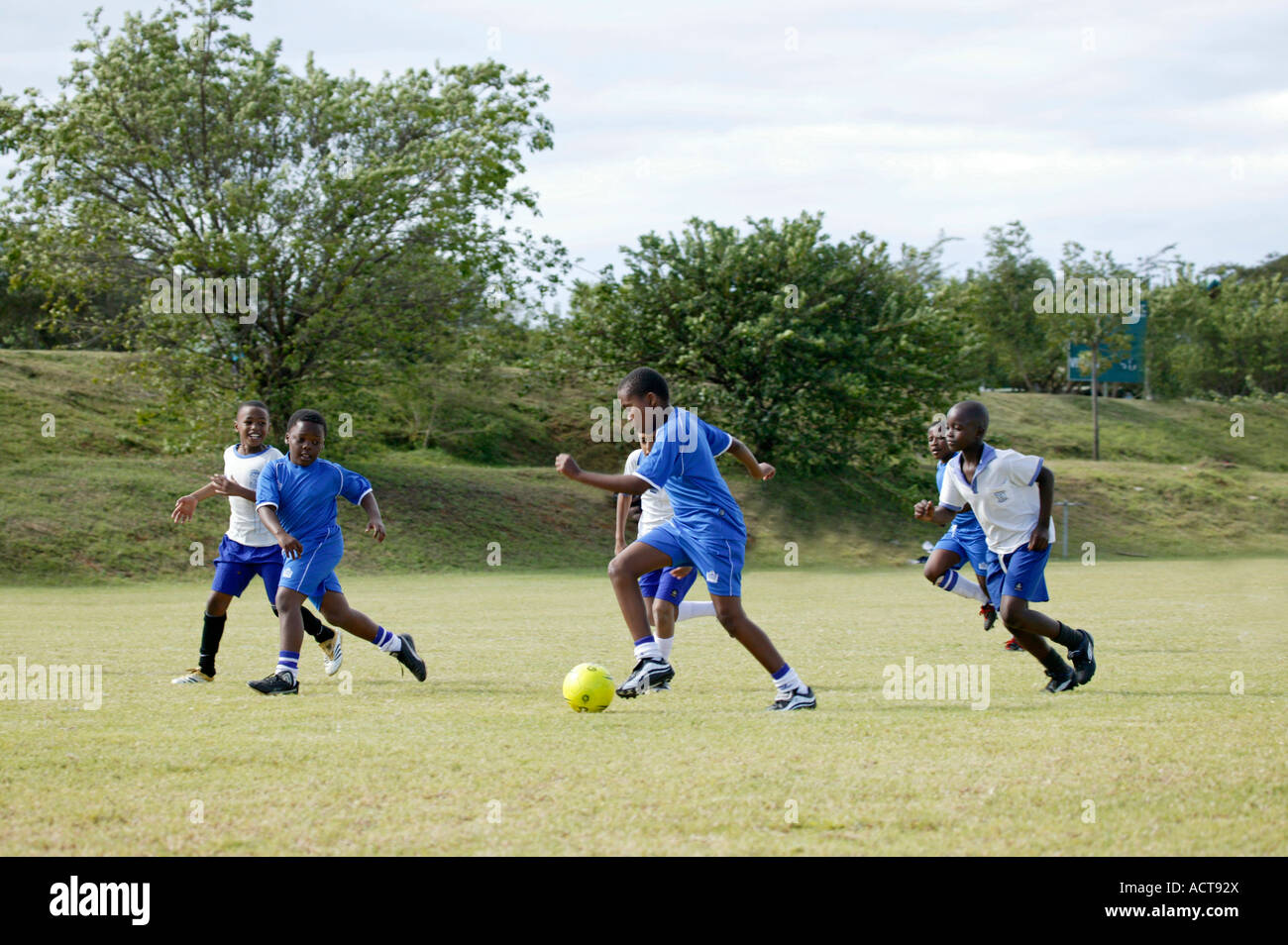 School children eleven year olds playing soccer during a schools soccer festival Nelspruit Mpumalanga South Africa Stock Photo