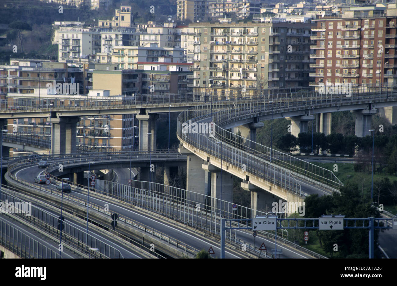 Tangenziale Highway with skyscrapers and high rises in the background, Naples, Italy. Stock Photo