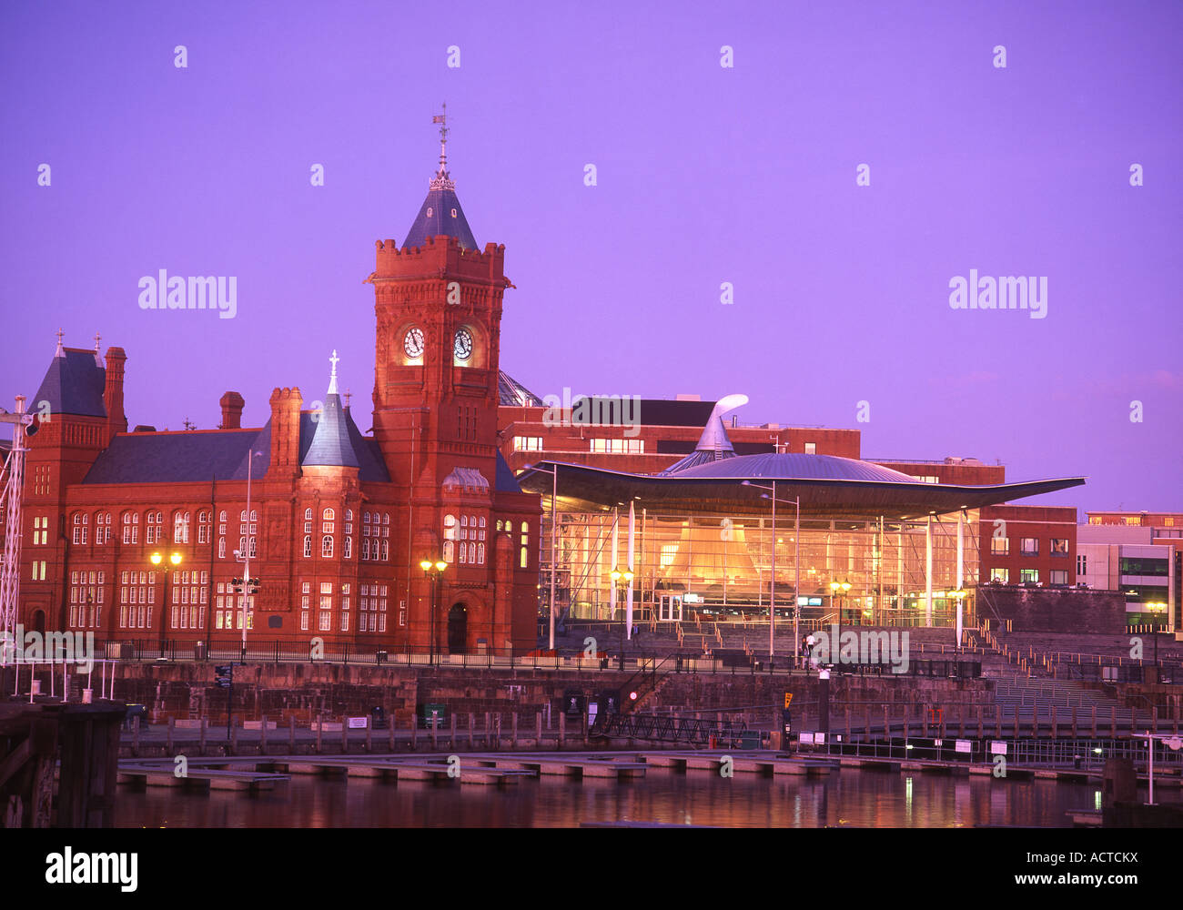 Senedd Welsh Assembly Building and Pierhead Cardiff Bay Twilight / night view Cardiff South Wales UK Stock Photo