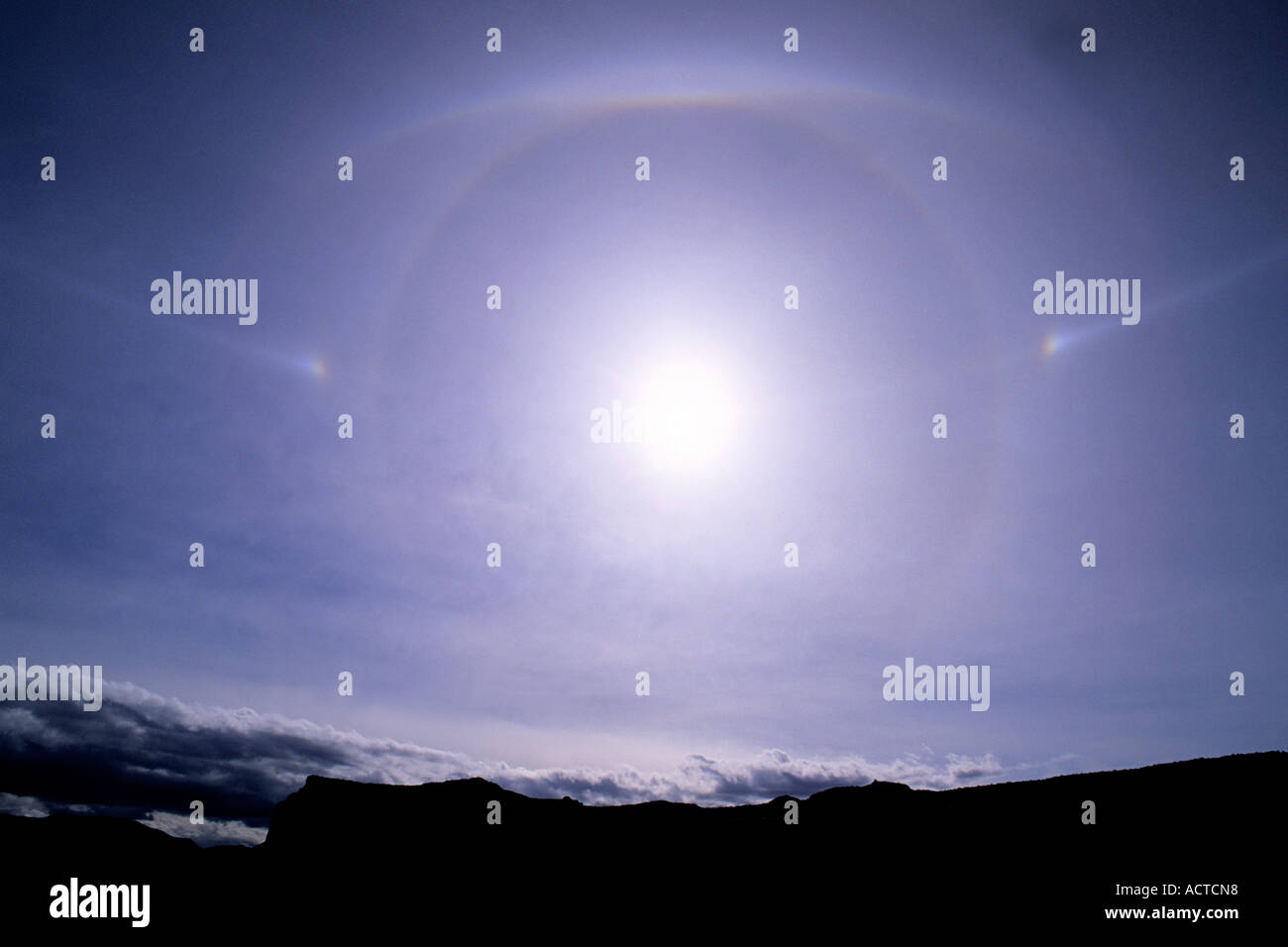 Solar halos and parhelic ring, Canyonlands National Park, Utah Stock Photo