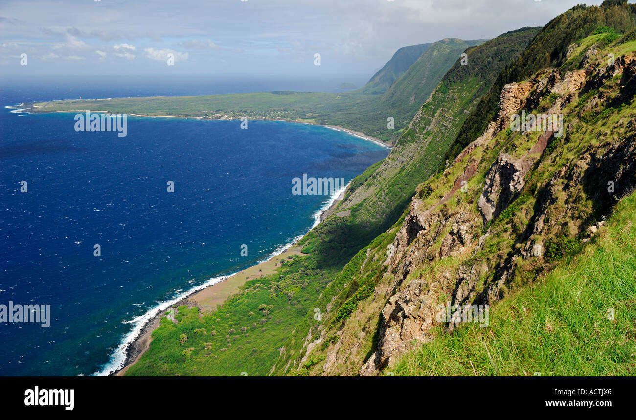 Sheer Sea cliffs of Kalaupapa leper sanctuary peninsula on Pacific ocean Molokai Hawaii Stock Photo