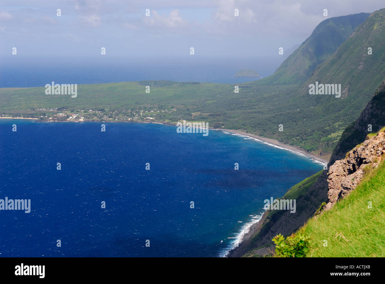 Sea cliffs of Kalaupapa and Kauhako crater Molokai Hawaii Stock Photo