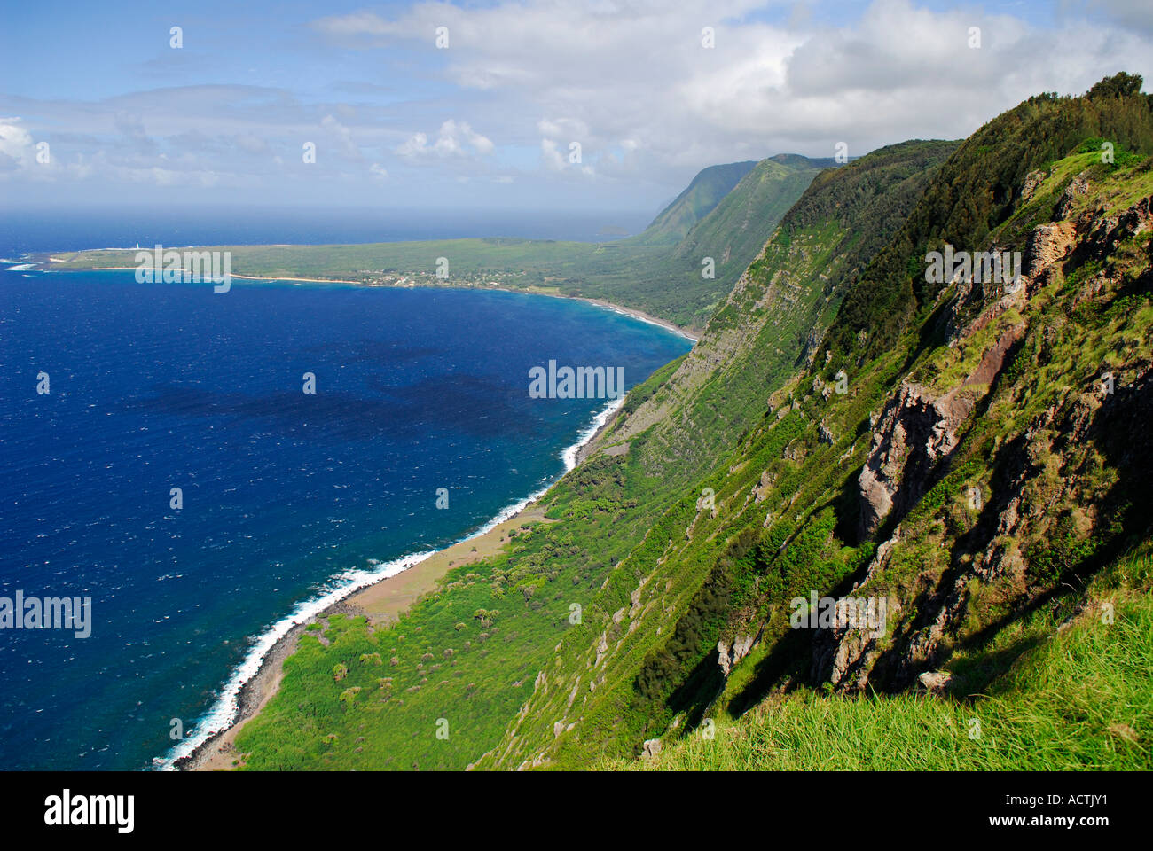 Sea cliffs of Kalaupapa peninsula on Pacific ocean Molokai Hawaii Stock Photo