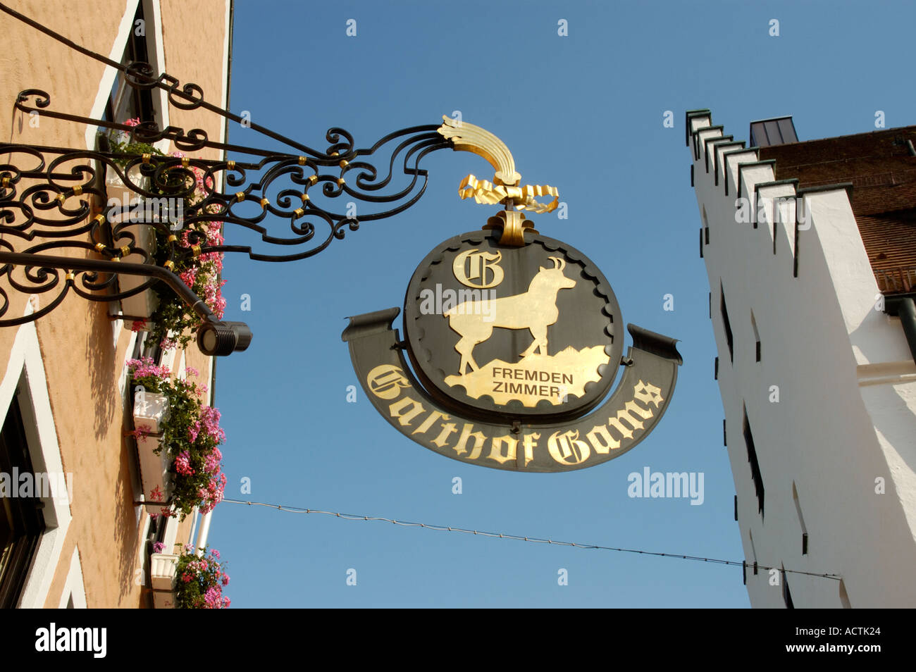 Old iron made and gilded restaurant sign of Gasthof Gams in the city center Beilngries Altmuehltal Bavaria Germany Stock Photo