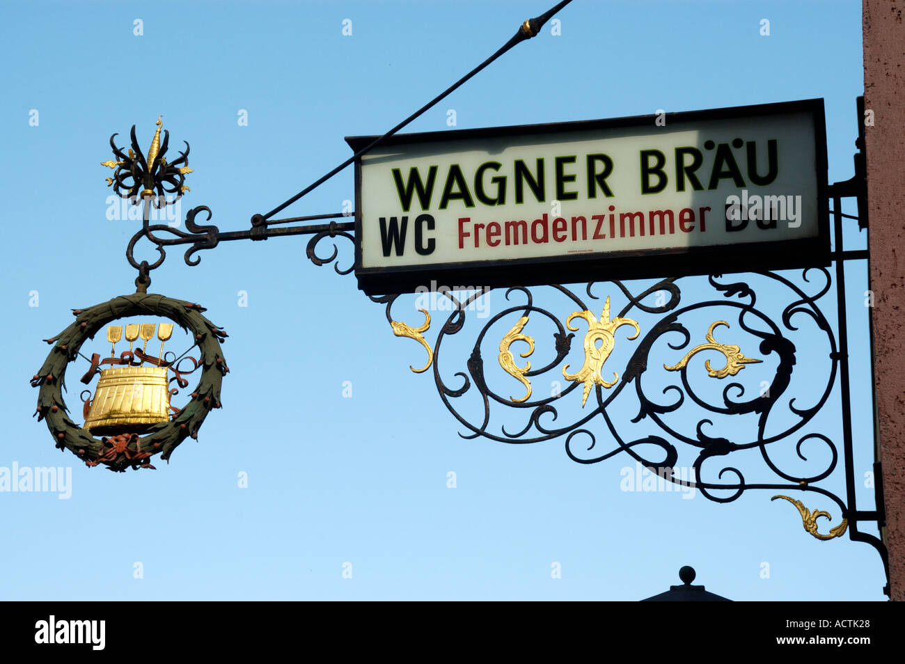 Old iron made and gilded restaurant sign of Wagner Brew in the city center Beilngries Altmuehltal Bavaria Germany Stock Photo