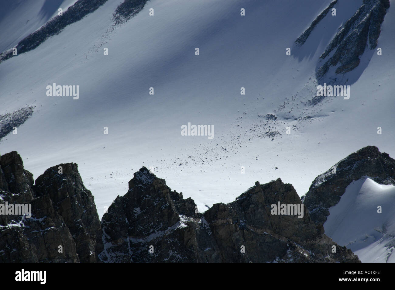 Snow covered slopes and rocky ridges in the mountain scenery of Turgen
