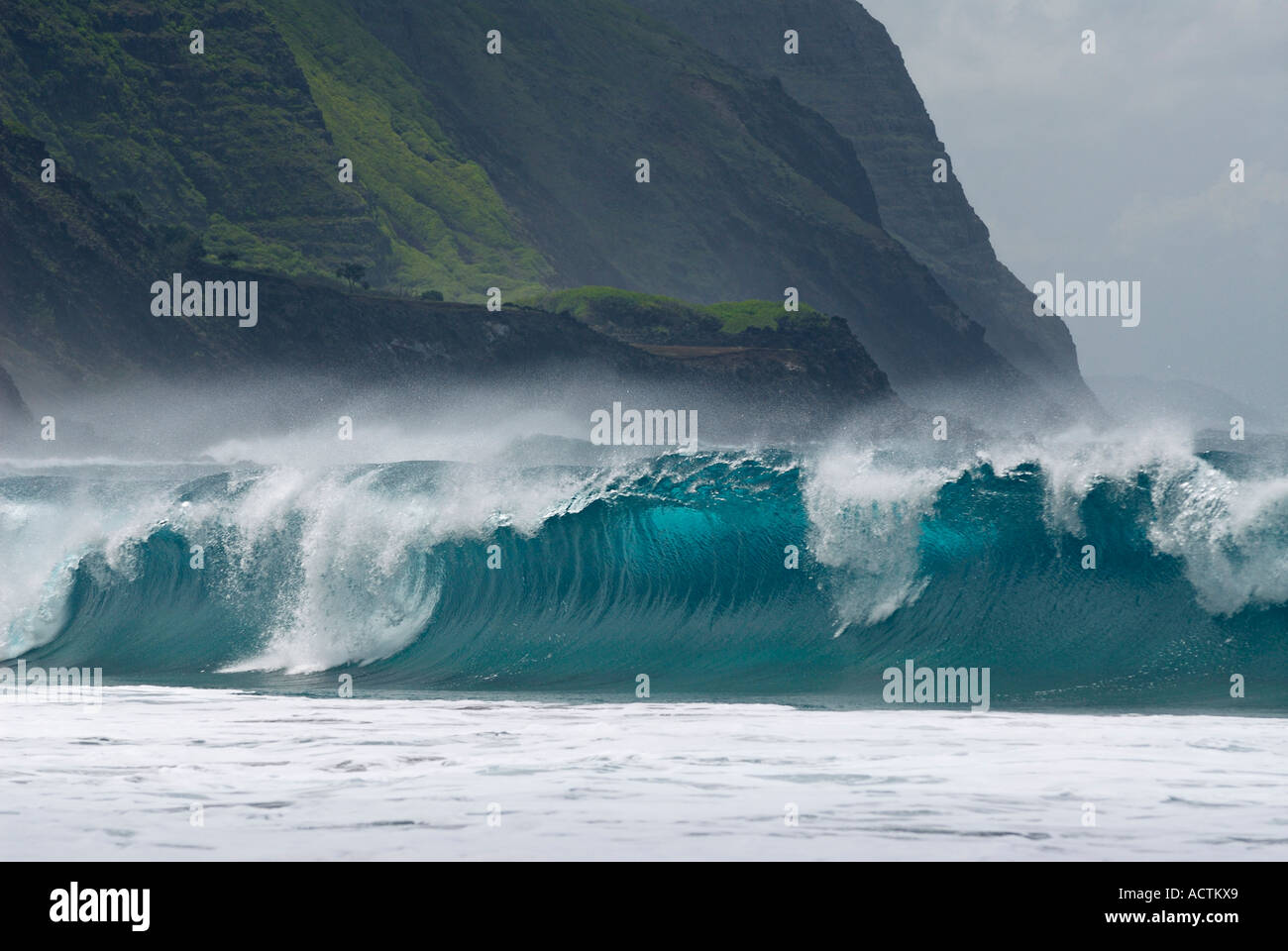 Large waves breaking on Kalaupapa leper colony beach with steep cliffs on Molokai Hawaii Stock Photo