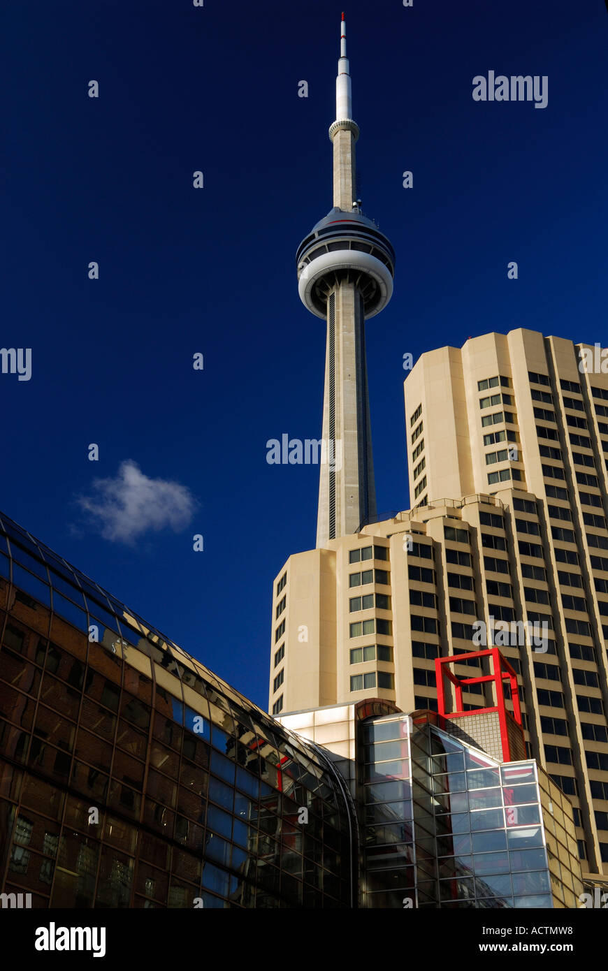 CN Tower Skywalk and Hotel downtown Toronto in the morning with blue sky Stock Photo