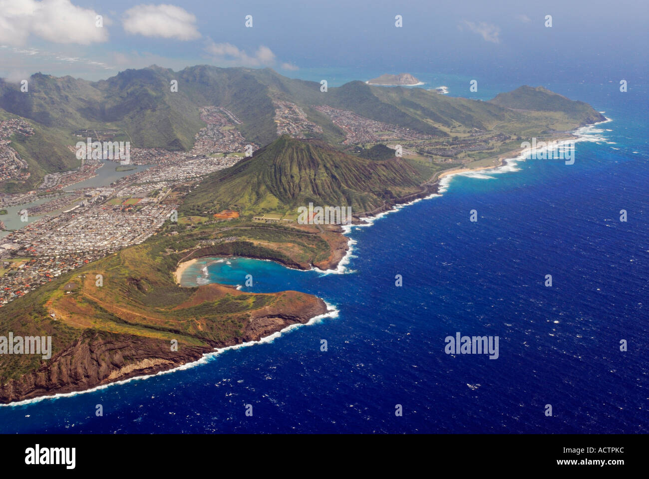 Aerial view of Hawaii Kai volcano and Koko Head Park Oahu Island Stock Photo