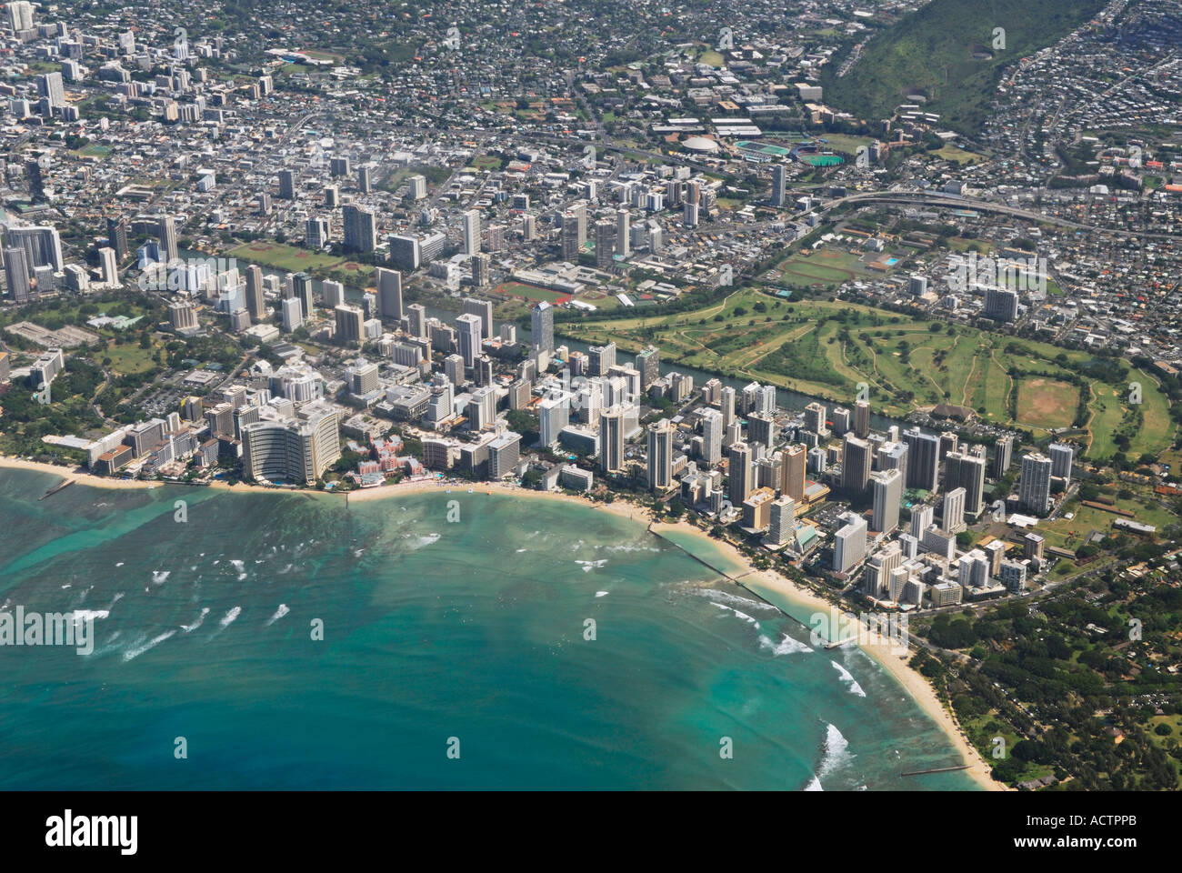Aerial view of Waikiki beach hotels and Ala Wai golf course on Oahu Hawaii Stock Photo Alamy