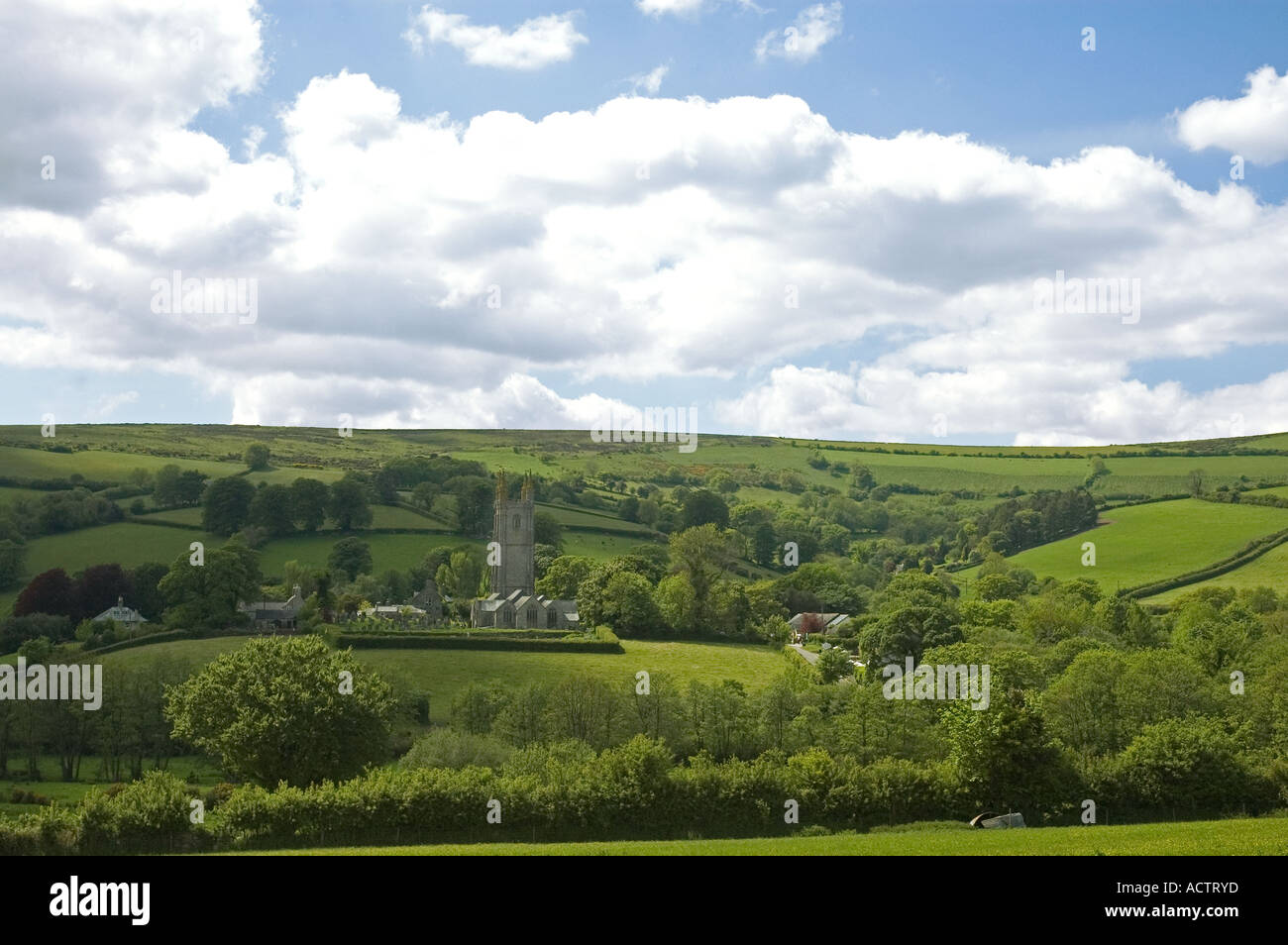 View towards Saint Pancras Church, Widdecombe in the Moor, Dartmoor National Park, Devon, UK Stock Photo