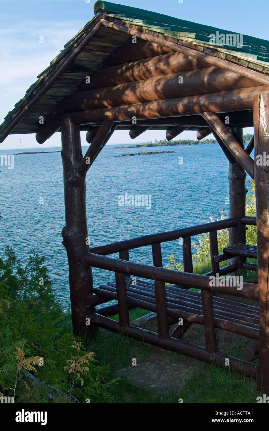 WONDERFUL VIEW OF LAKE SUPERIOR THROUGH A TOURIST LOG HUT Stock Photo