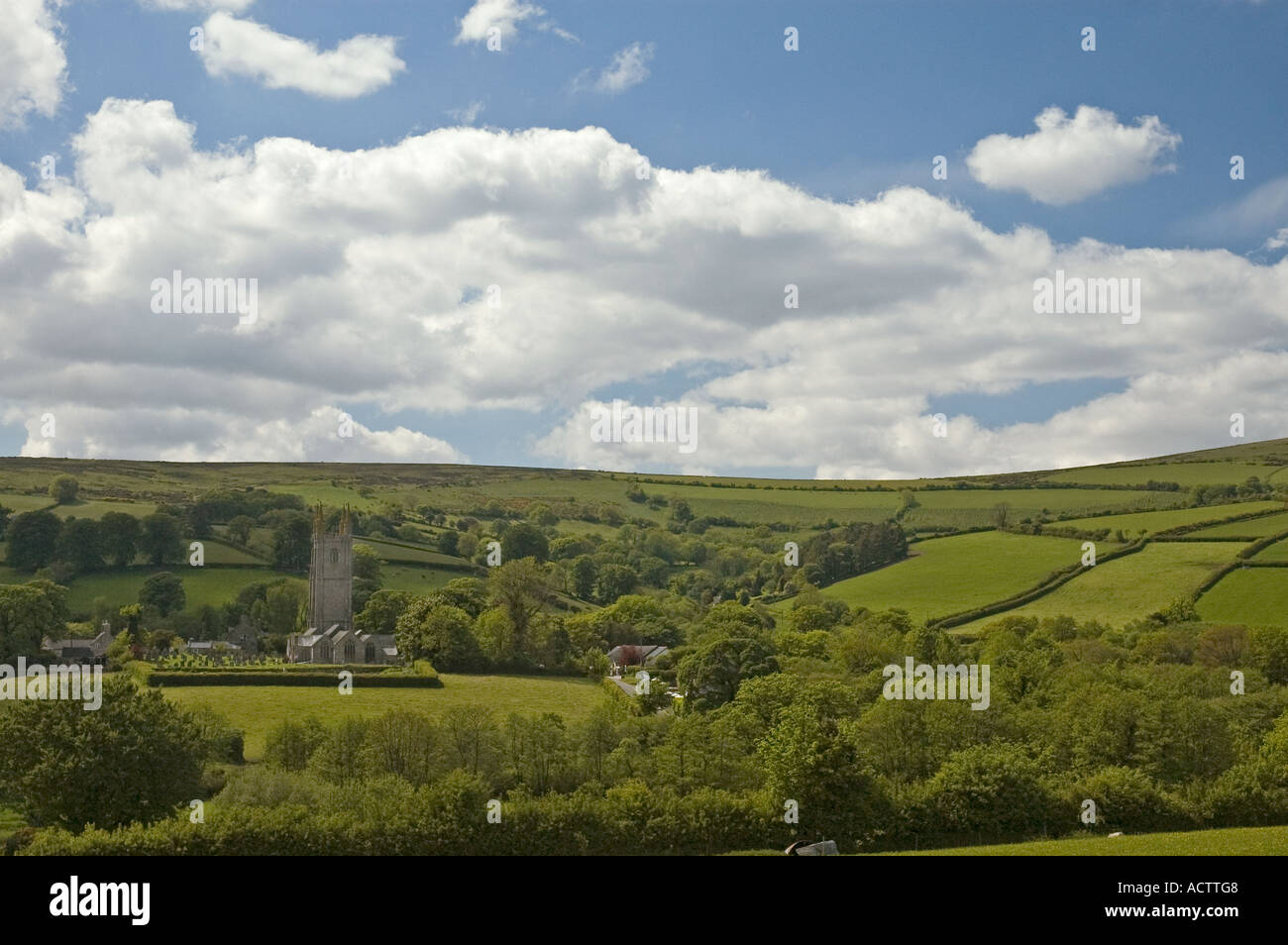 View towards Saint Pancras Church, Widdecombe in the Moor, Dartmoor National Park, Devon, UK Stock Photo