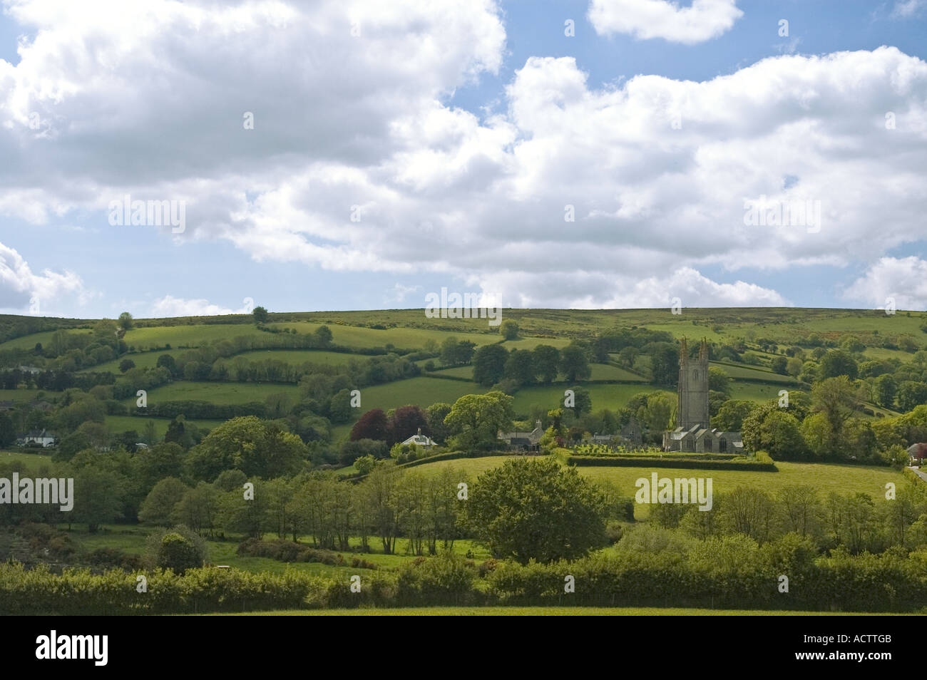 View towards Saint Pancras Church, Widdecombe in the Moor, Dartmoor National Park, Devon, UK Stock Photo